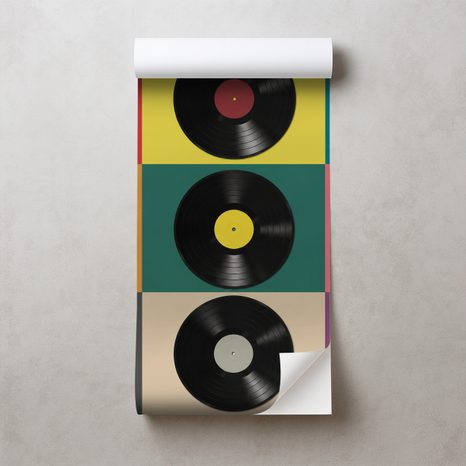 SAMOLEPILNA FOTOTAPETA RETRO VINILNE PLOŠČE NA BARVITEM OZADJU - GLASBENE FOTOTAPETE - TAPETE