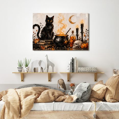 QUADRO SU TELA – GATTO NERO E MAGIA - QUADRI HALLOWEEN E HORROR - STAMPE E QUADRI