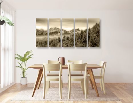 5-DÍLNÝ OBRAZ ZAMRZLÉ HORY V SÉPIOVÉ PROVEDENÍ - ČERNOBÍLÉ OBRAZY - OBRAZY