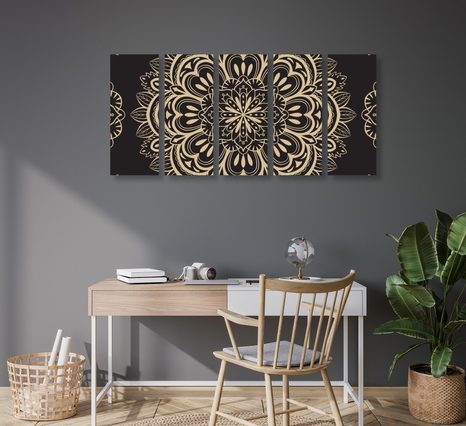 QUADRI 5 PEZZI – MANDALA SU SFONDO NERO - QUADRI FENG SHUI - STAMPE E QUADRI