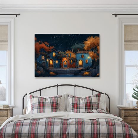 OBRAZ VÁNOČNÍ VESNIČKA POD HVĚZDAMI - BAREVNÉ DOMY - OBRAZY