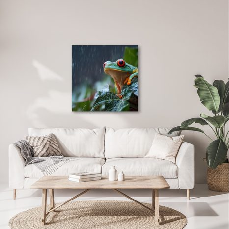 WANDBILD REGENTROPFEN AUF EINEM FROSCHBLATT - BILDER TIERE - BILDER