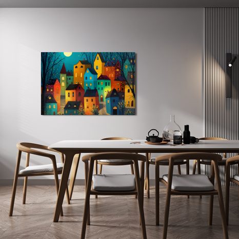 OBRAZ KOUZELNÁ NOČNÍ VESNIČKA - BAREVNÉ DOMY - OBRAZY