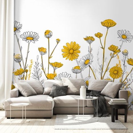 SELBSTKLEBENDE FOTOTAPETE GELBE WIESENBLUMEN AUF WEISS - TAPETEN MIT BLUMENMOTIVEN - TAPETEN