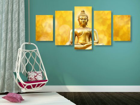 5-TEILIGES WANDBILD GOLDENE BUDDHA-STATUE - BILDER MIT FENG SHUI-MOTIVEN - BILDER