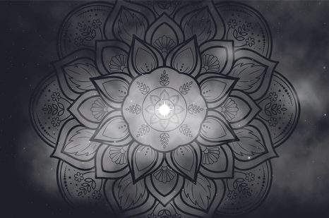 TAPETE SCHWARZ-WEISSES MANDALA MIT DEM HINTERGRUND DER GALAXIE - TAPETEN MIT FENG SHUI-MOTIVEN - TAPETEN