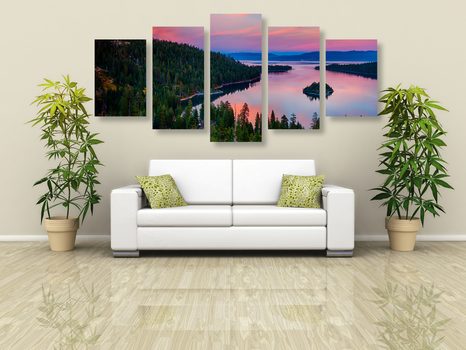 5-TEILIGES WANDBILD SEE BEIM SONNENUNTERGANG - BILDER VON NATUR UND LANDSCHAFT - BILDER