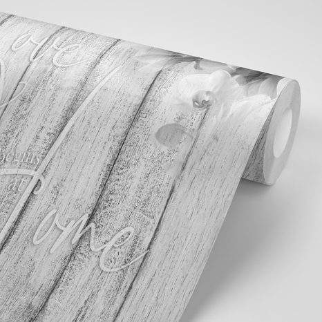 CARTA DA PARATI – NATURA IN BIANCO E NERO CON SCRITTA - LOVE BEGINS AT HOME - CARTA DA PARATI BIANCO E NERO - CARTA DA PARATI