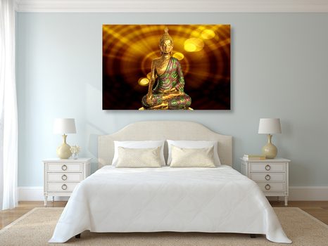 WANDBILD BUDDHA-STATUE MIT ABSTRAKTEM HINTERGRUND - BILDER MIT FENG SHUI-MOTIVEN - BILDER