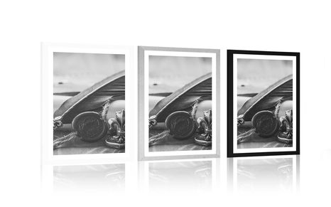 PLAKAT S PASPARTUJEM ZGODOVINSKO PERO IN PERGAMENT V ČRNOBELI VARIANTI - ČRNOBELI - PLAKATI