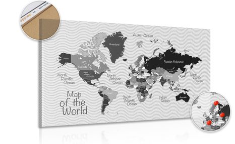 DECORATIVE PINBOARD STYLISH BLACK AND WHITE MAP - PICTURES ON CORK - PICTURES