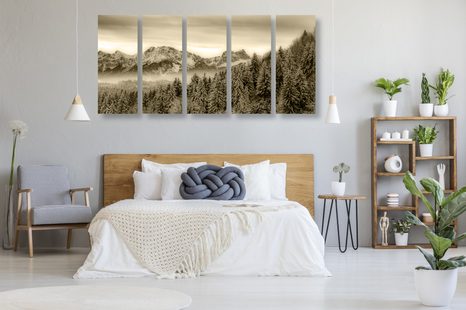 5-DÍLNÝ OBRAZ ZAMRZLÉ HORY V SÉPIOVÉ PROVEDENÍ - ČERNOBÍLÉ OBRAZY - OBRAZY