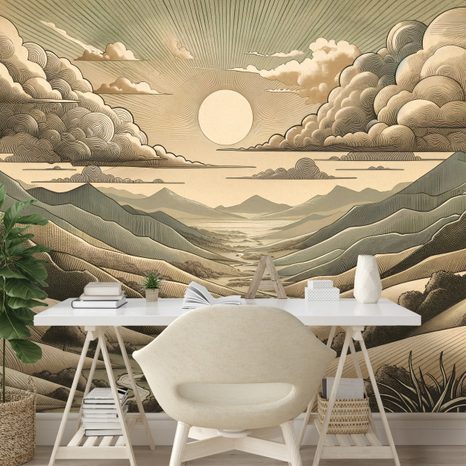 SAMOLEPÍCÍ TAPETA VINTAGE KRAJINA S HORAMI A SLUNCEM - TAPETY HORY - TAPETY