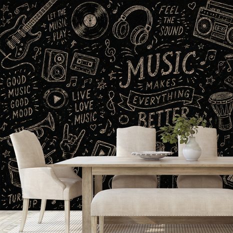 TAPETE MUSIKINSTRUMENTE UND ZITATE AUF SCHWARZ - MUSIK FOTOTAPETEN - TAPETEN