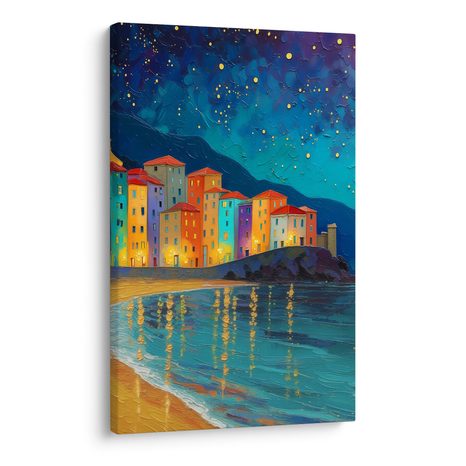 OBRAZ MĚSÍČNÍ ZÁŘE NAD MĚSTEM - BAREVNÉ DOMY - OBRAZY