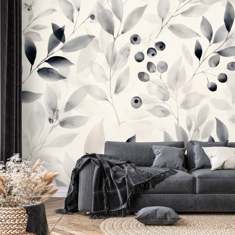 TAPÉTA FEKETE-FEHÉR AKVARELL LEVELEK ÉS BOGYÓK - LEVELES TAPÉTÁK - TAPÉTÁK