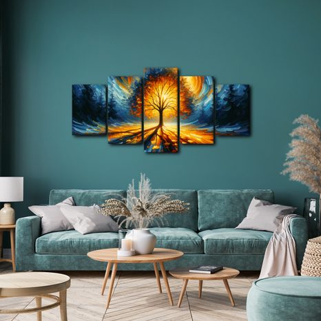 5-DÍLNÝ OBRAZ ZÁŘIVÝ STROM ŽIVOTA V OHNIVÝCH BARVÁCH - OBRAZY STROMY ŽIVOTA - OBRAZY