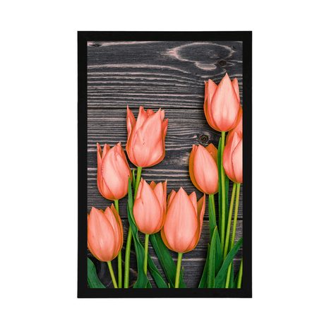POSTER – TULIPANI ARANCIONI SU SFONDO DI LEGNO - FIORI - POSTER