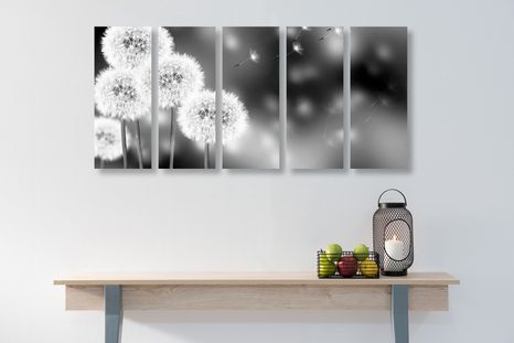5-DÍLNÝ OBRAZ NADÝCHANÁ PAMPELIŠKA V ČERNOBÍLÉM PROVEDENÍ - ČERNOBÍLÉ OBRAZY - OBRAZY