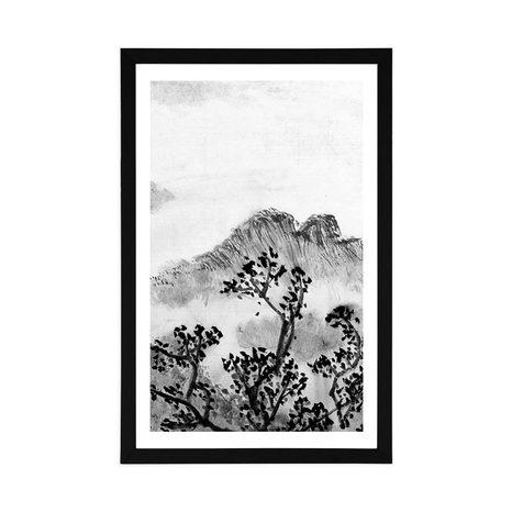 POSTER WITH MOUNT TRADITIONAL CHINESE LANDSCAPE PAINTING IN BLACK AND WHITE - BLACK AND WHITE - POSTERS
