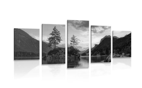 5-PIECE CANVAS PRINT BLACK AND WHITE MOUNTAIN LANDSCAPE BY THE LAKE - BLACK AND WHITE PICTURES - PICTURES