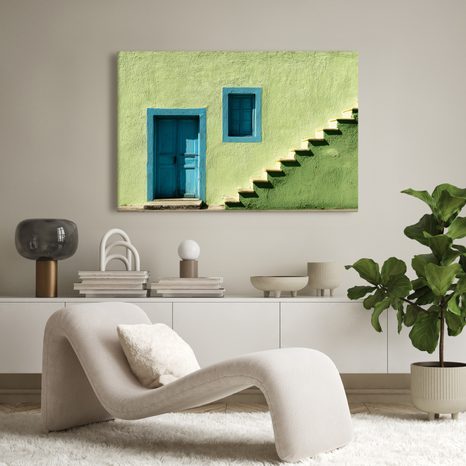 WANDBILD BLAUE TÜR UND TREPPEN - BUNTE HÄUSER - BILDER