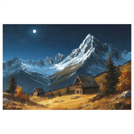 OBRAZ ZIMNÍ HORSKÁ CHALUPA V NOCI - BAREVNÉ DOMY - OBRAZY
