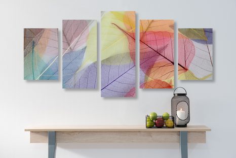 5-CZĘŚCIOWY OBRAZ ŻYŁKI NA KOLOROWYCH LIŚCIACH - OBRAZY MARTWA NATURA - OBRAZY