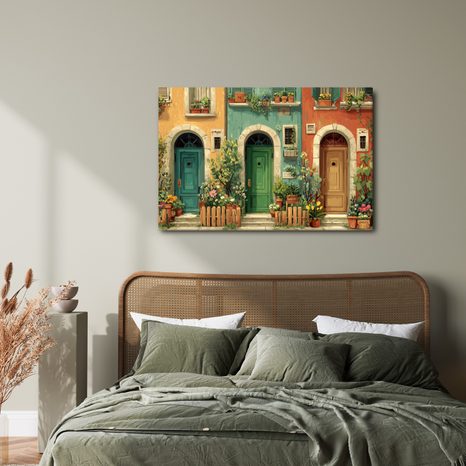 OBRAZ MALEBNÁ ULIČKA S KVĚTINAMI - BAREVNÉ DOMY - OBRAZY