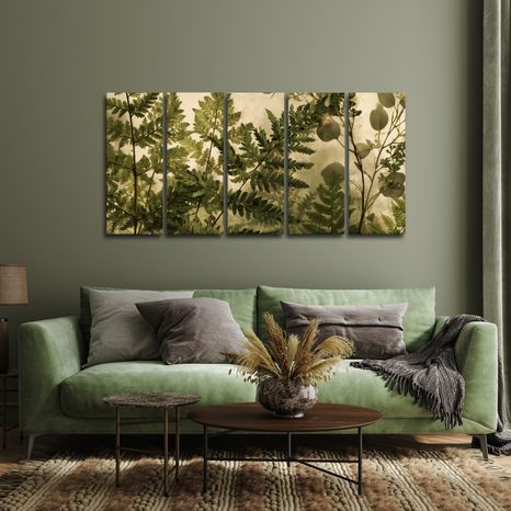 TABLEAU EN 5 PARTIES – FOUGÈRES BOTANIQUES EN SÉPIA - TABLEAUX ARBRES ET FEUILLES - TABLEAUX