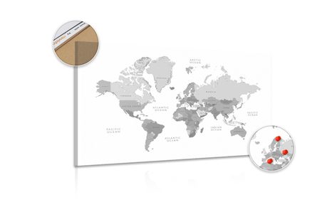 OBRAZ NA KORKU ČERNOBÍLÁ MAPA SVĚTA VE VINTAGE VZHLEDU - OBRAZY NA KORKU - OBRAZY