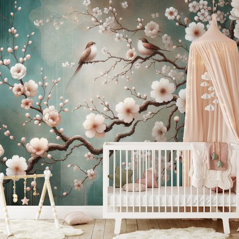TAPETA JEMNÉ KVĚTY A PTÁČCI NA VĚTVÍCH - TAPETY KVĚTINY - TAPETY