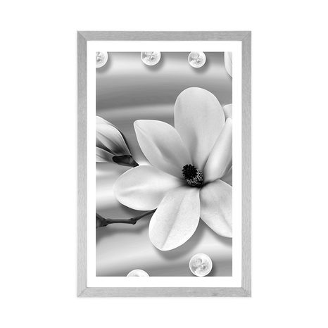 POSTER MIT PASSEPARTOUT LUXURIÖSE MAGNOLIE MIT PERLEN IN SCHWARZ-WEISS - SCHWARZ-WEISS - POSTER