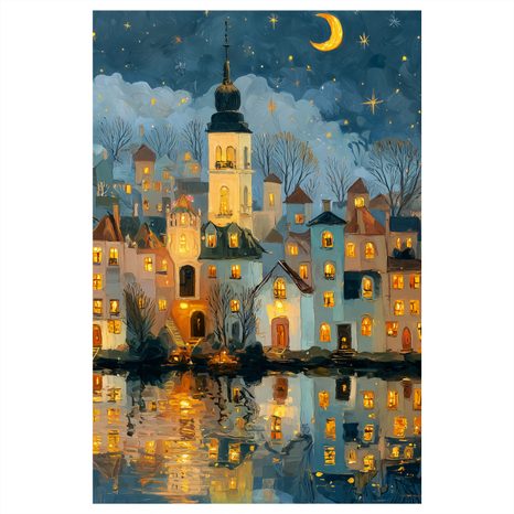 OBRAZ KOUZELNÁ ZIMNÍ NOC VE MĚSTĚ - BAREVNÉ DOMY - OBRAZY
