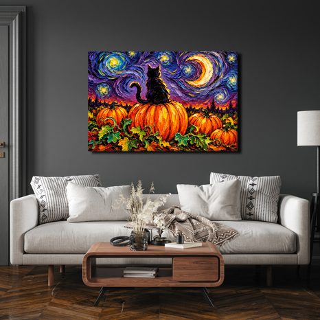 QUADRO SU TELA – GATTO NERO SULLA ZUCCA - QUADRI HALLOWEEN E HORROR - STAMPE E QUADRI