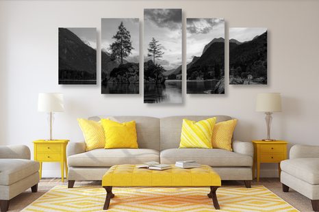 TABLOU 5-PIESE PEISAJ MONTAN ALB-NEGRU LÂNGĂ LAC - TABLOURI ALB-NEGRU - TABLOURI