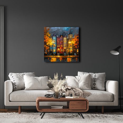 WANDBILD HERBSTLICH BELEUCHTETE STADT - BUNTE HÄUSER - BILDER