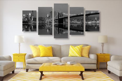 5-CZĘŚCIOWY OBRAZ ODBICIE MANHATTANU W WODZIE W WERSJI CZARNO-BIAŁEJ - OBRAZY CZARNO-BIAŁE - OBRAZY