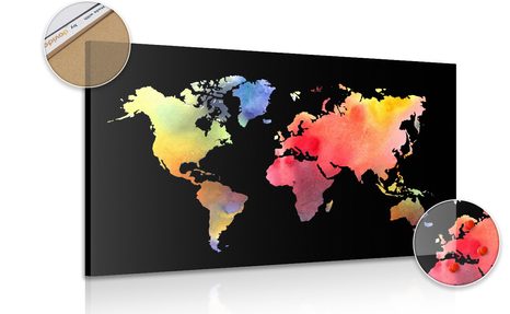 PICTURE ON A CORK WORLD MAP IN A WATERCOLOR DESIGN ON A BLACK BACKGROUND