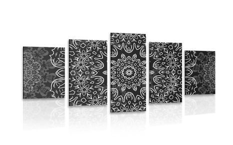 5-PIECE CANVAS PRINT MANDALA WITH AN ABSTRACT PATTERN IN BLACK AND WHITE - BLACK AND WHITE PICTURES - PICTURES