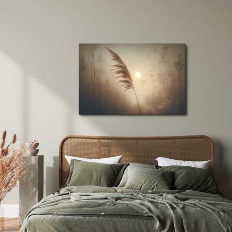 WANDBILD SCHILF IM NEBLIGEN MORGENGRAUEN - BILDER VON SONNENAUFGANG UND SONNENUNTERGANG - BILDER