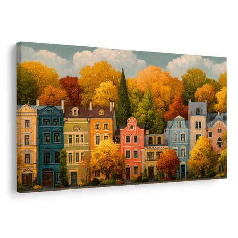 WANDBILD HERBSTLICHE STRASSE IN FARBEN - BUNTE HÄUSER - BILDER
