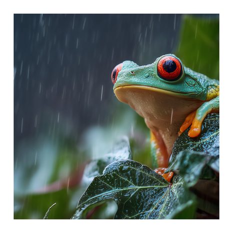 WANDBILD REGENTROPFEN AUF EINEM FROSCHBLATT - BILDER TIERE - BILDER