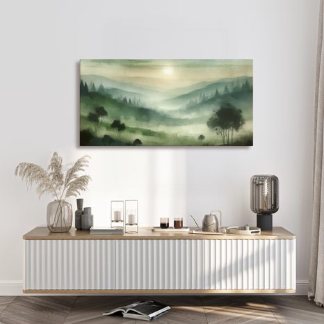 WANDBILD BÄUME IM NEBEL - BILDER VON SONNENAUFGANG UND SONNENUNTERGANG - BILDER