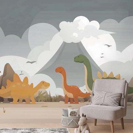 SAMOLEPÍCÍ TAPETA BAREVNÍ DINOSAUŘI V KRAJINĚ - DĚTSKÉ TAPETY - TAPETY