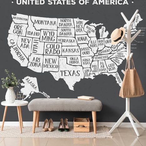 PAPIER PEINT CARTE ÉDUCATIVE DES USA EN NOIR ET BLANC - PAPIER PEINT AU MUR SUR LE THÈME DES CARTES - PAPIER PEINT