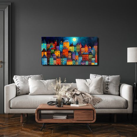 OBRAZ MĚSTO V NOČNÍM SVĚTLE - BAREVNÉ DOMY - OBRAZY