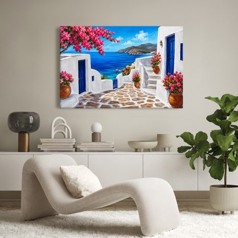 TABLEAU SUR TOILE – RUELLE EN BORD DE MER AUX FLEURS ROSES - TABLEAUX DE LA MER ET DE LA PLAGE - TABLEAUX