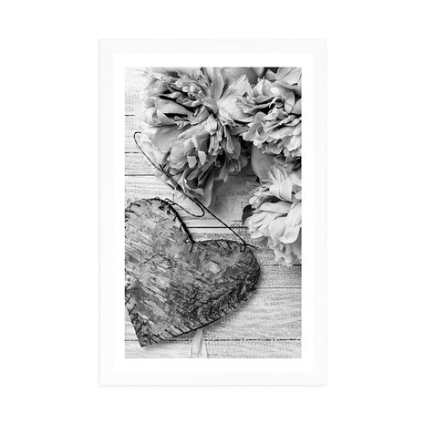AFFICHE – PIVOINES ET CŒURS EN BOULEAU EN NOIR ET BLANC - NOIR ET BLANC - AFFICHES