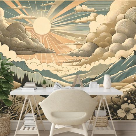 TAPETE RETRO-LANDSCHAFT MIT BERGEN UND SONNE - TAPETEN MIT BERGMOTIVEN - TAPETEN